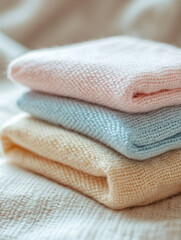 Stack of folded pastel knitted blankets on a surface.