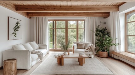 Serene Minimalist Living Room with Wooden Beams and Natural Light