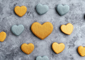 Obraz premium Golden and blue embroidered heart patches on textured surface
