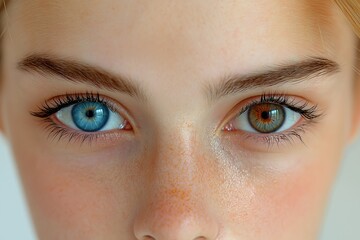 Closeup of person with heterochromia showing blue and brown eyes and freckled skin detailed realistic style