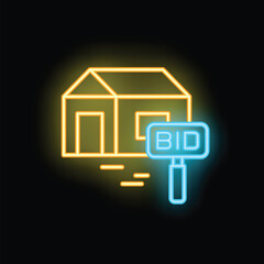 Neon sign representing a house being sold at auction with a bid sign