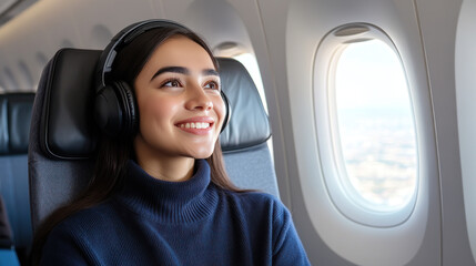 Malay woman listening music enjoying flight and business trip by commercial plane