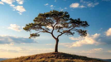 Lone pine tree on hilltop, sunset sky, peaceful landscape, nature background, ideal for tranquility themes
