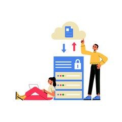 Cloud Server With Male And Female Characters, Flat Vector Illustration Symbolizing Data Security, Cloud Backup, And File Storage, Isolated On White Background