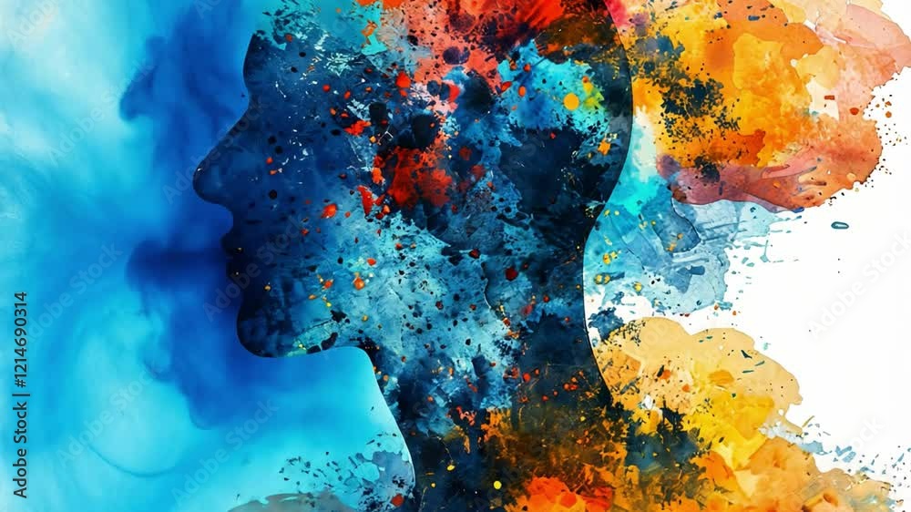 Fototapete a striking representation of a human silhouette intertwined with vibrant splashes of color, illustra