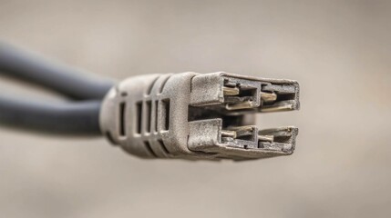 Close-up of a weathered, gray electrical connector with black wires.