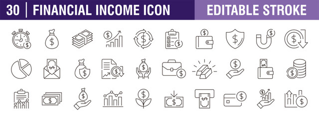 Collection of financial icons. Income, growth, money, investment, savings. Vector design template, signs, symbols, editable stroke.