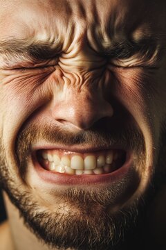 Close-up of a man with scrunched face showing intense emotion, highlighting wrinkles, tension, and detailed facial hair.