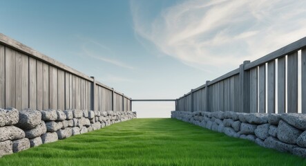 Obraz premium A lush green lawn with a stone border and a wooden fence.