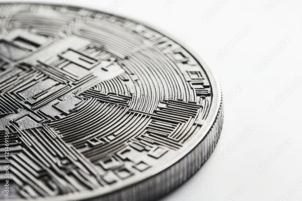Poster close-up view of a detailed bitcoin coin showcasing intricate blockchain patterns on a clean white b