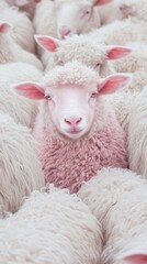 A pink sheep uniquely stands out among white sheep, showcasing individuality and diversity in a flock setting.