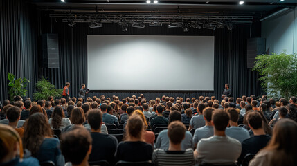 group of people in a conference room in a huge screen