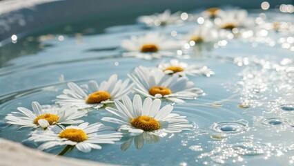 Daisy Flower Petals Floating in Airy Water, whimsical scene, natural beauty, floating petals