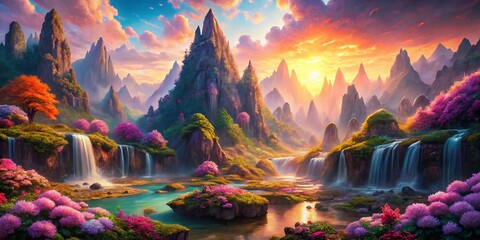 Surreal Flower Mountains & Cascading Waterfalls: Fantasy Landscape Stock Photo