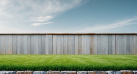 A lush green lawn with a stone border and a wooden fence