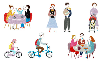 手描きイラスト　子育て世代　男性と女性と子供のセット