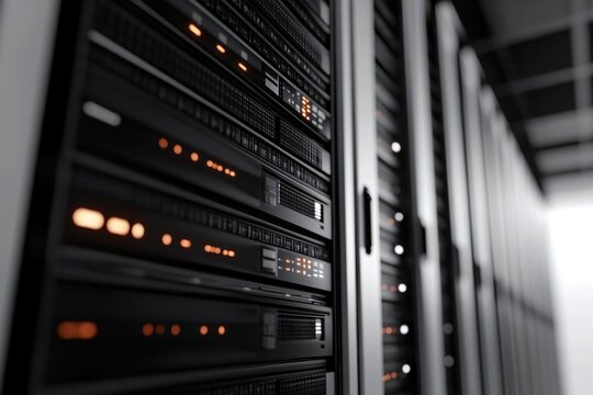 Row of servers in a server room with data center equipment and technology