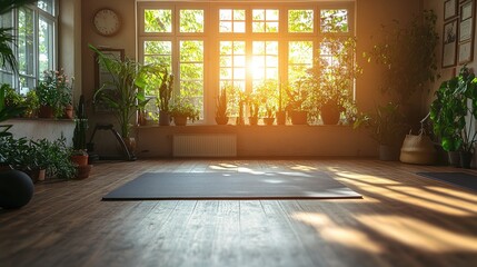  Fitness coach demonstrating exercises during live-streamed workout session in bright home gym with yoga mats, weights, and upbeat music while followers actively participate.