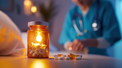 A nurse visiting an elderly patient at home, setting up medication on a bedside table.