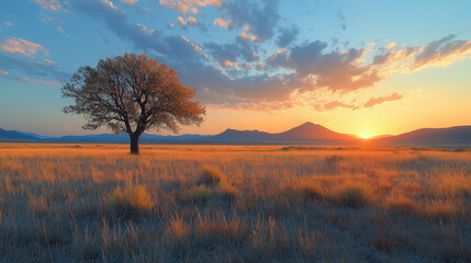 Lone Tree in a Golden Field at Sunrise with Mountains in the Background