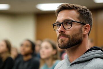 Obraz premium A young man with glasses attentively listens during a lecture, surrounded by fellow students, reflecting a dedicated learning atmosphere in an educational environment.