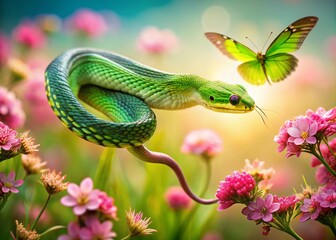 Fototapeta premium Surreal Green Snake with Butterfly Wings Soaring Over Pink Flowers Field