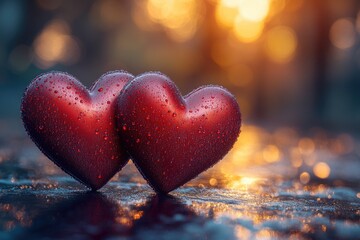 Fototapeta premium Couple of red hearts sitting on a table, ideal for romantic occasions or as a symbol of love