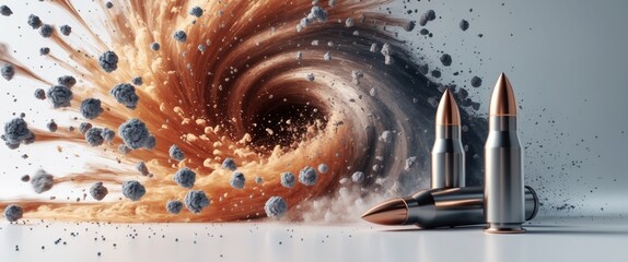Dynamic bullets in motion surrounded by explosive particles creating a dramatic background with ample blank space for creative text insertion.