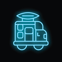 Bright blue neon sign depicting a camper van carrying a surfboard on its roof, evoking adventure and travel