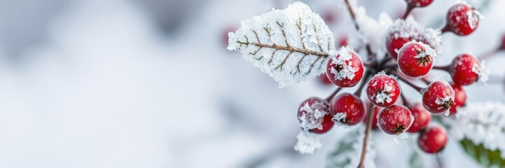 Frozen rose hip covered with a layer of snow, showcasing the delicate beauty of winter, plant, berries