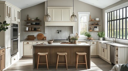  Modern farmhouse kitchen with white cabinets, wooden island, and open shelving bathed in natural light, exuding warmth, charm, and functionality for a cozy home atmosphere.