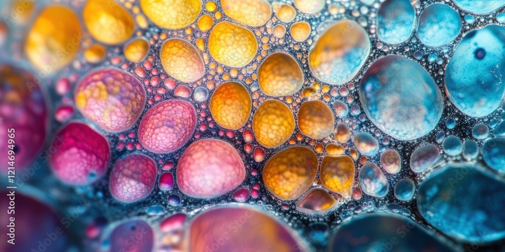 Poster abstract colorful macro of bubbles and droplets in fluid on a microscope slide creating a vivid and 