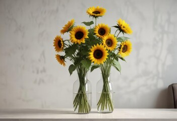 Freshly picked sunflowers with long stems placed in a modern glass vase, summer bouquet, outdoor decor