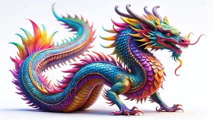 Fototapeta premium Surreal Isolated Dragon, White Background, Clipping Path - Fantasy Creature Stock Photo