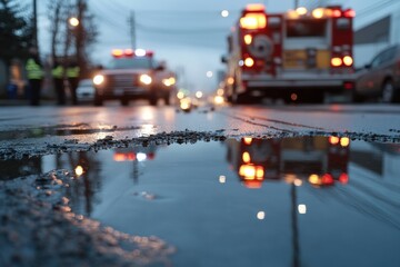 Naklejka premium A striking portrayal of emergency lights reflected in puddles on city streets, showcasing the dramatic interplay of fire and urban life amidst tension and urgency.