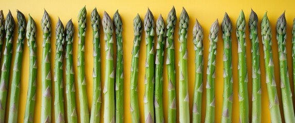 Fresh green asparagus spears neatly aligned on a vibrant yellow background with ample space for text highlighting freshness and health benefits.