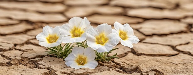 Obraz premium Delicate flowers blooming on dry soil.