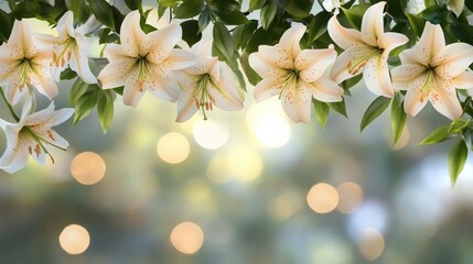 A beautifully crafted flower garland with white lilies and green leaves, hanging gracefully against a blurred natural background