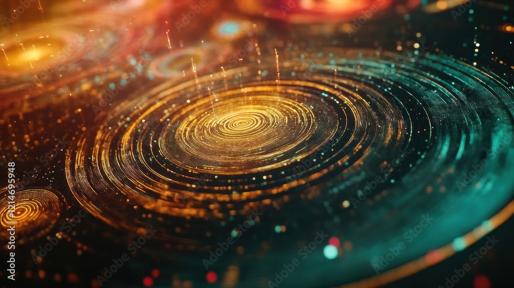 Poster golden concentric circles are radiating from the center, creating a dynamic and futuristic technolog