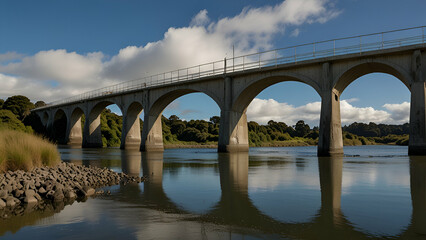 Fototapeta premium Magnificent Architectural Bridge with Reflections in a Calm River Framed by Lush Greenery Showcasing a Perfect Blend of Nature and Design 