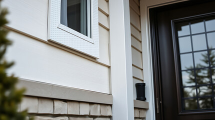 Fototapeta premium Modern House Exterior: White Siding, Brick, and Dark Door Design. High-quality image showcasing elegant home architecture and design details.