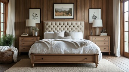  Rustic wooden bedroom with tufted headboard, soft neutral bedding, and warm lighting creating a calm, inviting atmosphere for relaxation and comfort in a natural setting.