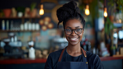 Fototapeta premium A smiling woman with glasses and apron stands in front of a counter