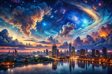 Fototapeta premium Surreal Night Cityscape with Vibrant Starry Sky - Dreamlike Urban Fantasy