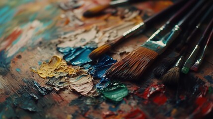 Naklejka premium Vibrant paintbrushes and oil paints on a wooden palette, showcasing creativity and artistic expression in a close-up view.