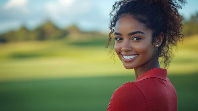 Afro golfer woman exercise at green grass field at golf driving range