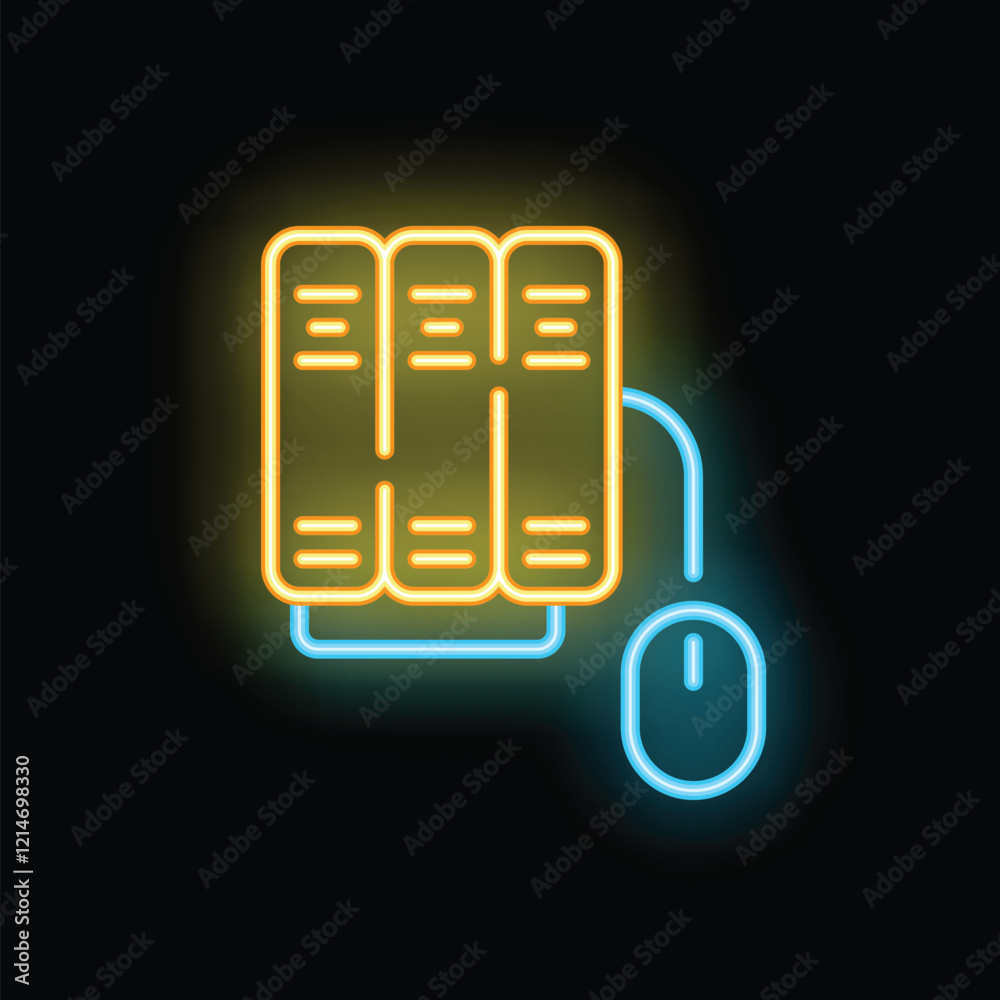 Poster neon server icon connecting with computer mouse representing cloud computing