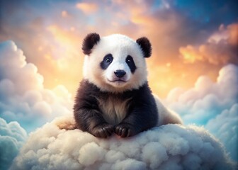 Fototapeta premium Adorable Panda Cub Resting on a Fluffy Cloud - Minimalist Baby Animal Stock Photo