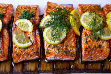 Close-up view of cedar-planked salmon fillet garnished with dill and lemon slices on a white background