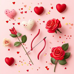 Flat Lay of Cupid’s Bow and Arrow with Roses and Hearts, Valentine’s Day, Valentine’s Day image